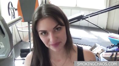 Busty Brunette POV Smoking Handjob Big Cumshot