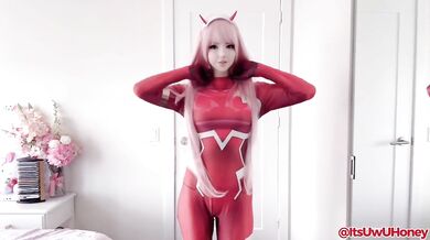 Zero Two cosplay striptease raw spandex suit red thong babe