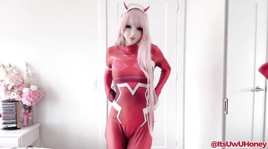 Zero Two cosplay striptease raw spandex suit red thong babe