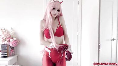 Zero Two cosplay striptease raw spandex suit red thong babe