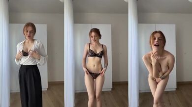 Hot milf secretary striptease in sexy lingerie shows big boobs and hairy pussy