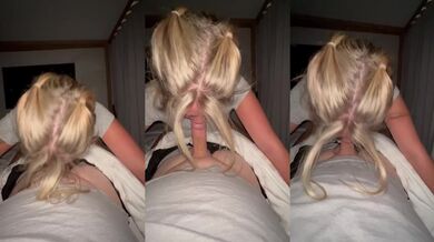 Blonde teen deepthroats his cock till he blows a load no hands needed