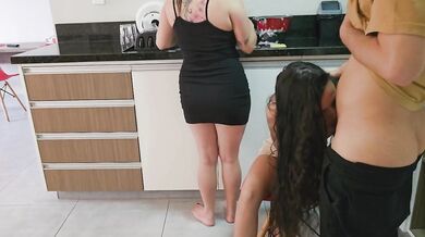 Wife washes dishes while friend flaunts pussy to husband