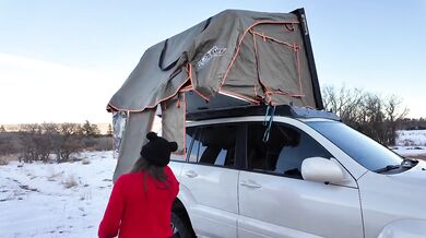 Mountain girl's rooftop tent setup with light up butt plug wiggles huge ass in see through leggings