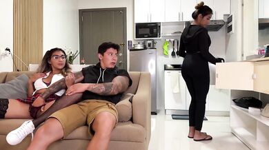 Naughty college girl gets fucked rough by mom's boyfriend on the couch