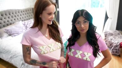 Sorority sluts tag team their advisor busty redheads ride thick cock raw