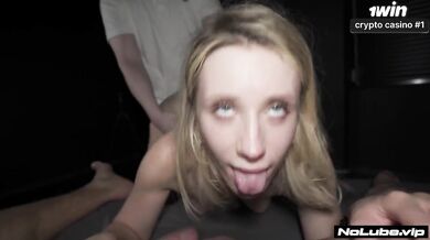 Blonde teen screams while her throat gets wrecked in rough POV threesome