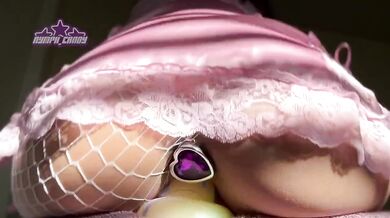 Tiny tease rides thick dildo in fishnet screams cream all over