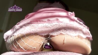 Tiny tease rides thick dildo in fishnet screams cream all over
