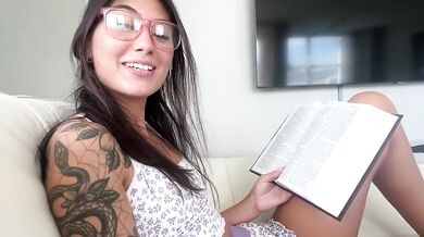 Little bookworm stepsister surrenders her tight pussy rides cock raw in household POV fantasy