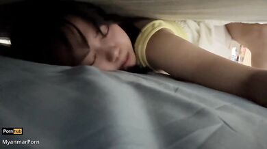 My step sis stuck under the bed choked on my thick load