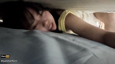 My step sis stuck under the bed choked on my thick load