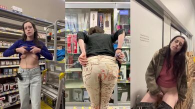 Brunette flashes and gushes at work on hidden cam