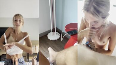 Blonde college freshman gets her first facial full of squirted cum shots