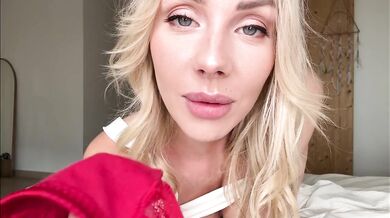 Solo blonde gushes fake tits while rubbing her shaved pussy raw