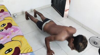 Mi stepbrother is working out in his room and I tell him to exercise with me we fuck