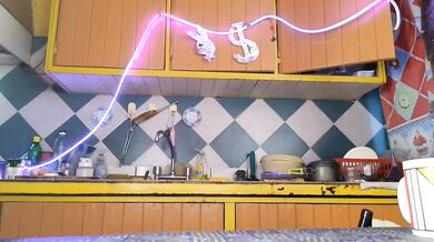 An inexperienced college student from a cartoon-style room undressed on camera.