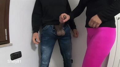 Slutty wife catches her husband's friend masturbating and gives them a handjob through her legs banging hard