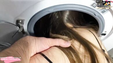 Sucked her mouth while stuffed in washing machine thick cum deep in her throat