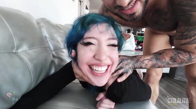 Blue-haired slut stuffed tight pussy throat fucked raw face slap reverse cowgirl