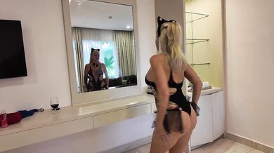 Blonde milf in pussy costume gets her ass creampied raw and deep