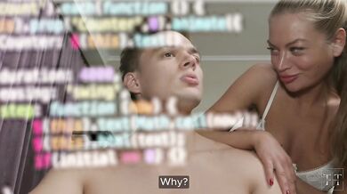 Step sis and step dad tease tied up BF with double blowjob creampie