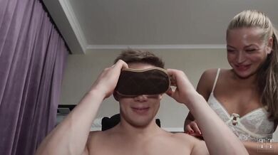 Step sis and step dad tease tied up BF with double blowjob creampie