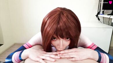 Ochaco Uraraka deepthroats cock while riding pussy stuffed full with cum in her tight spandex tights