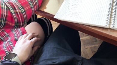 Schoolgirl handjob in MATH class under table cumshot POV
