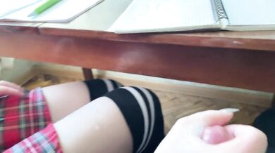 Schoolgirl handjob in MATH class under table cumshot POV