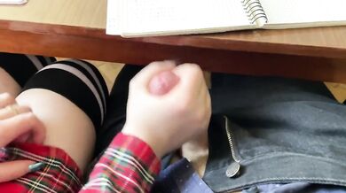 Schoolgirl handjob in MATH class under table cumshot POV