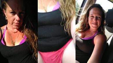 Hot milf flashes pink pussy in public exposing big tits caught live