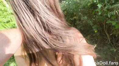 Sloppy deepthroats and balls licking in the forest with big tits and cum in face