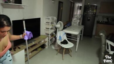 Neighbor cleans my room then begs for a massage on her big ass