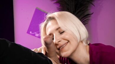 Amateur blonde milf destroys husband with strap-on pegging blowjob cum