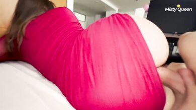 Stepsister in red dress destroyed by doggystyle and big dick
