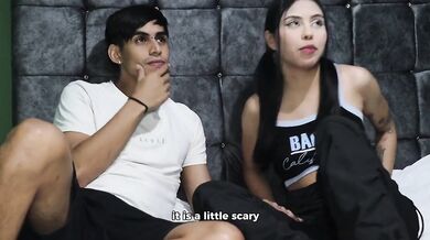 My friend gropes me during movie night but I fight her off until she begs deep throat creampie