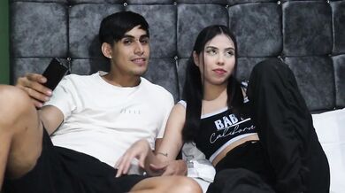 My friend gropes me during movie night but I fight her off until she begs deep throat creampie