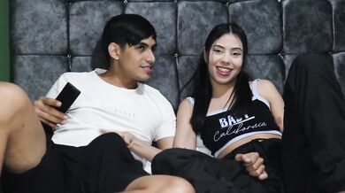 My friend gropes me during movie night but I fight her off until she begs deep throat creampie