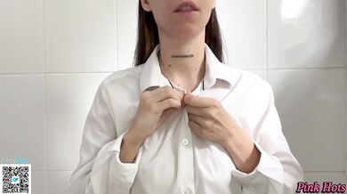 Boss's secretary drenched soaking cum on her big natural tits at work