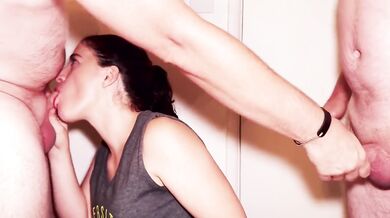Bisexual Threesome Girlfriend Encourages His First Cock Sharing with Hot Stud