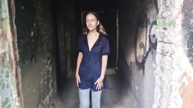 Public femdom mistress destroys slave with strapon in abandoned building