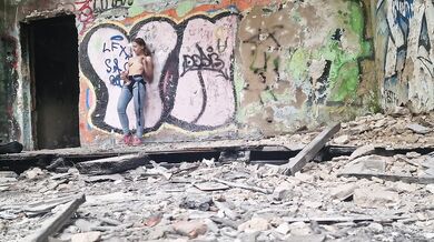 Public femdom mistress destroys slave with strapon in abandoned building