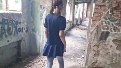Public femdom mistress destroys slave with strapon in abandoned building