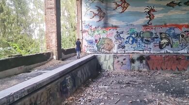 Public femdom mistress destroys slave with strapon in abandoned building