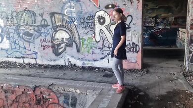 Public femdom mistress destroys slave with strapon in abandoned building