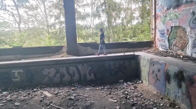 Public femdom mistress destroys slave with strapon in abandoned building