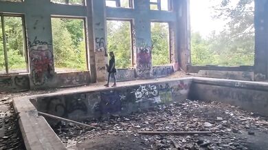 Public femdom mistress destroys slave with strapon in abandoned building
