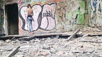 Public femdom mistress destroys slave with strapon in abandoned building