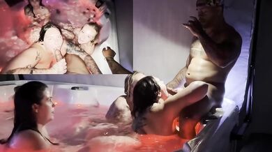 Late night hot tub orgy turns messy skinny bbw creampie gangbang
